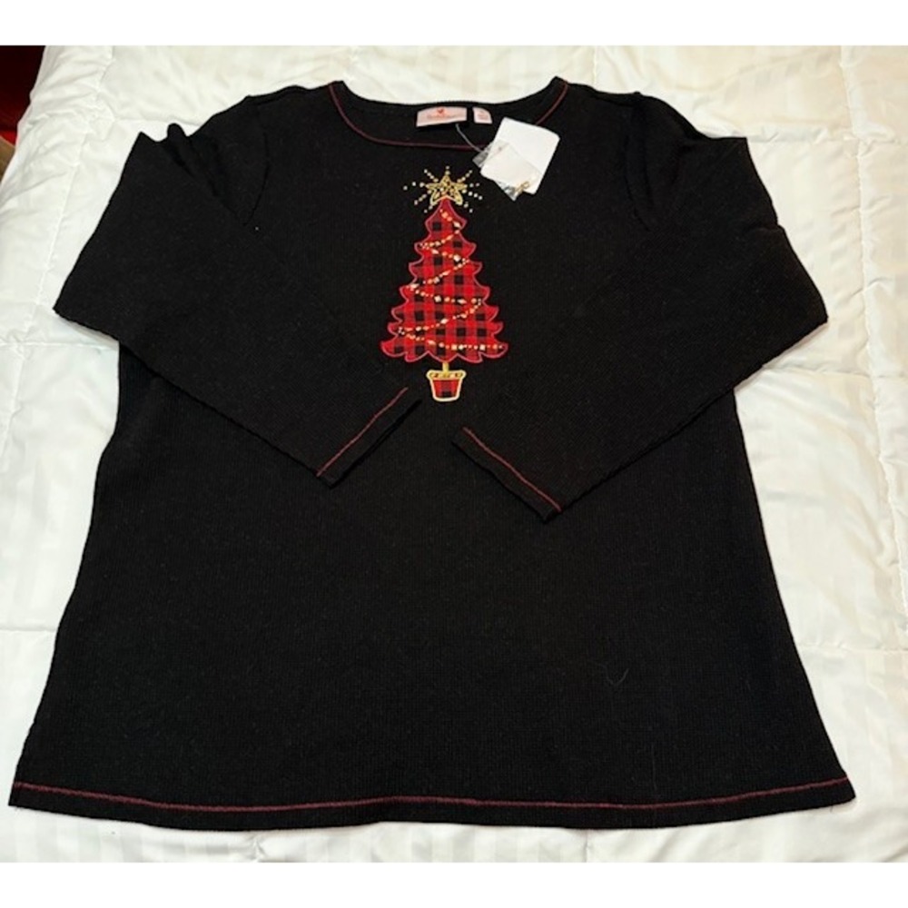NWT Quacker‎ Factory Black Waffle Knit Top Buffalo Check Red  long sleeved 2X